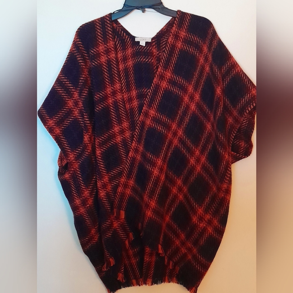 Loft Red and Black Plaid Poncho - EUC